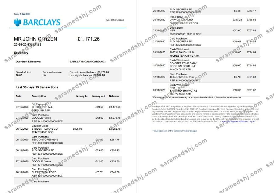 United Kingdom Barclays bank statement template in Word and PDF format, version 3 (2 pages)